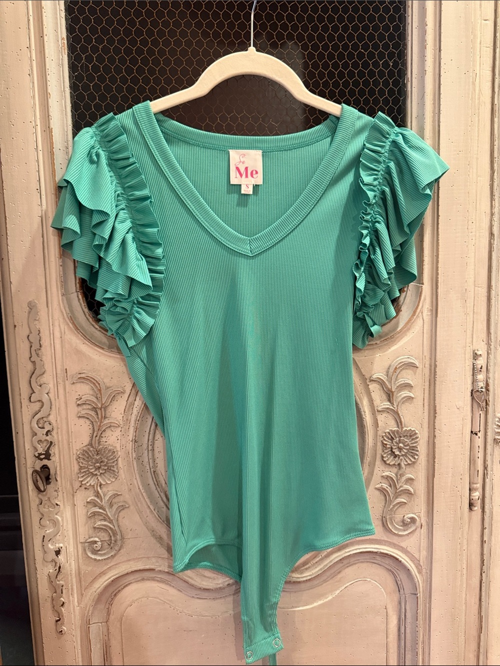 ME Makeover Essentials Teal Ruffle-Sleeve V-Neck Bodysuit